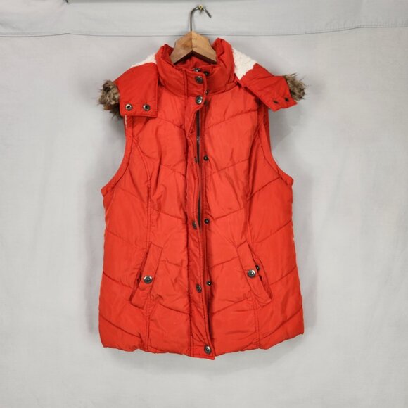 Green Tea Hooded Puffer Vest Sz Med Orange Red Faux Fur Zip Snap Up Sherpa Lined - Picture 4 of 10